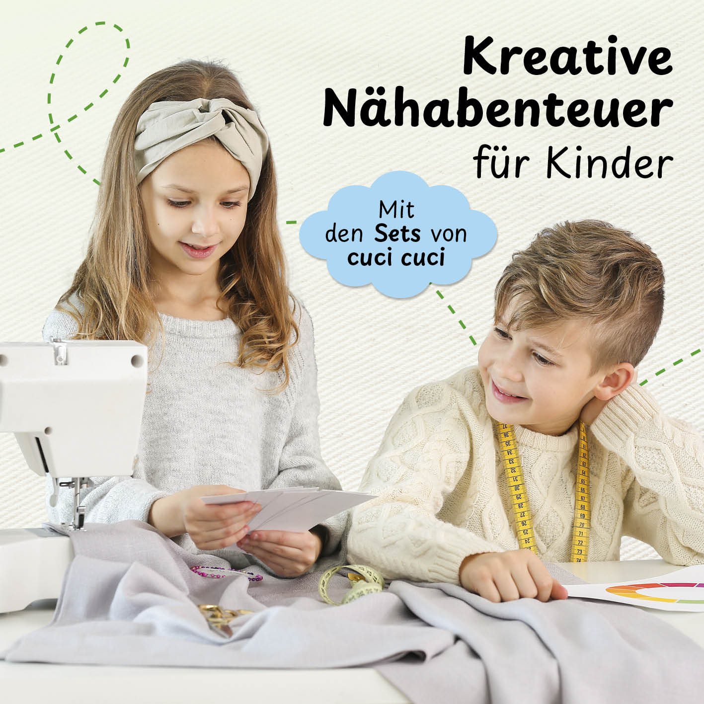 Kinder nähen fröhlich zusammen.
