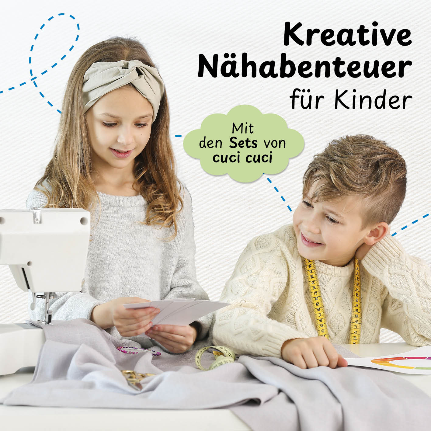 Kinder nähen fröhlich zusammen.