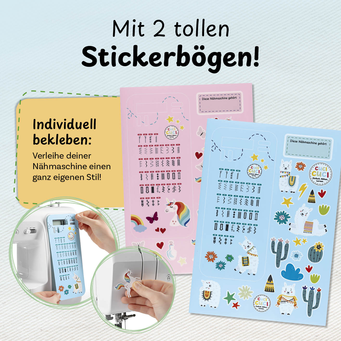 Stickerbögen in Blau und Pink.