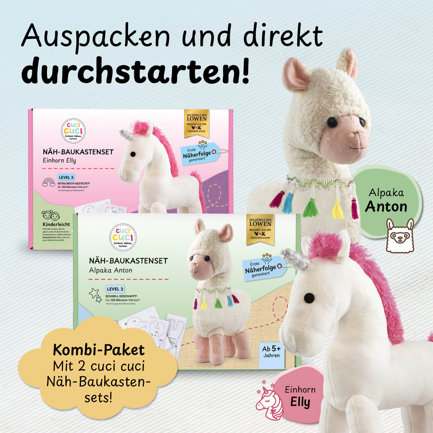 Alpaka Anton und Einhorn Elly