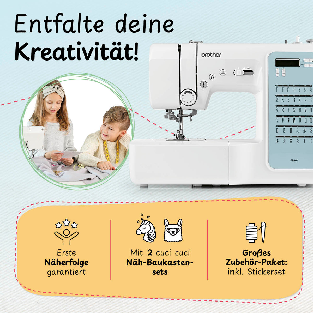 Kinder nähen fröhlich zusammen.