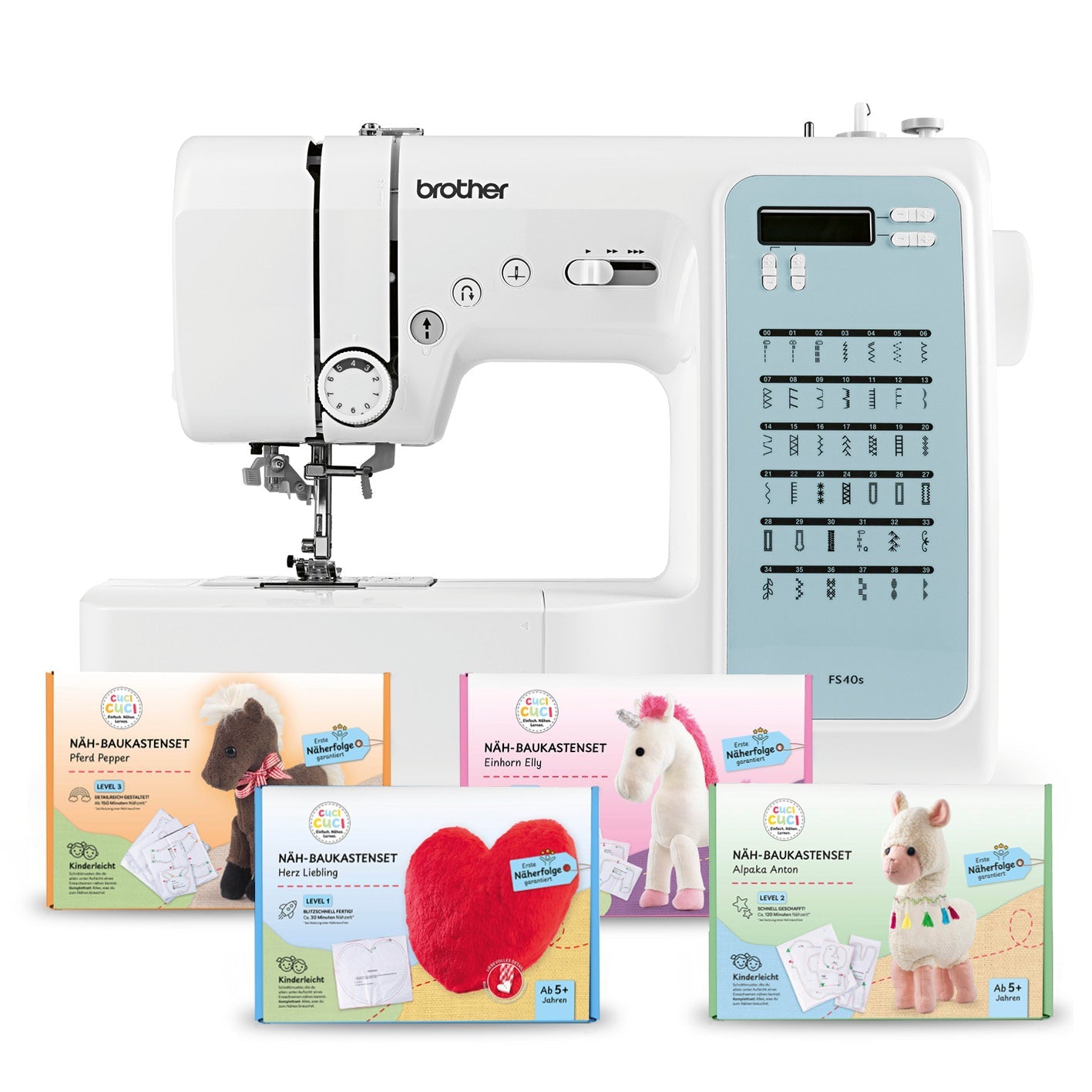 Nähmaschine mit allen Näh-Baukastensets.