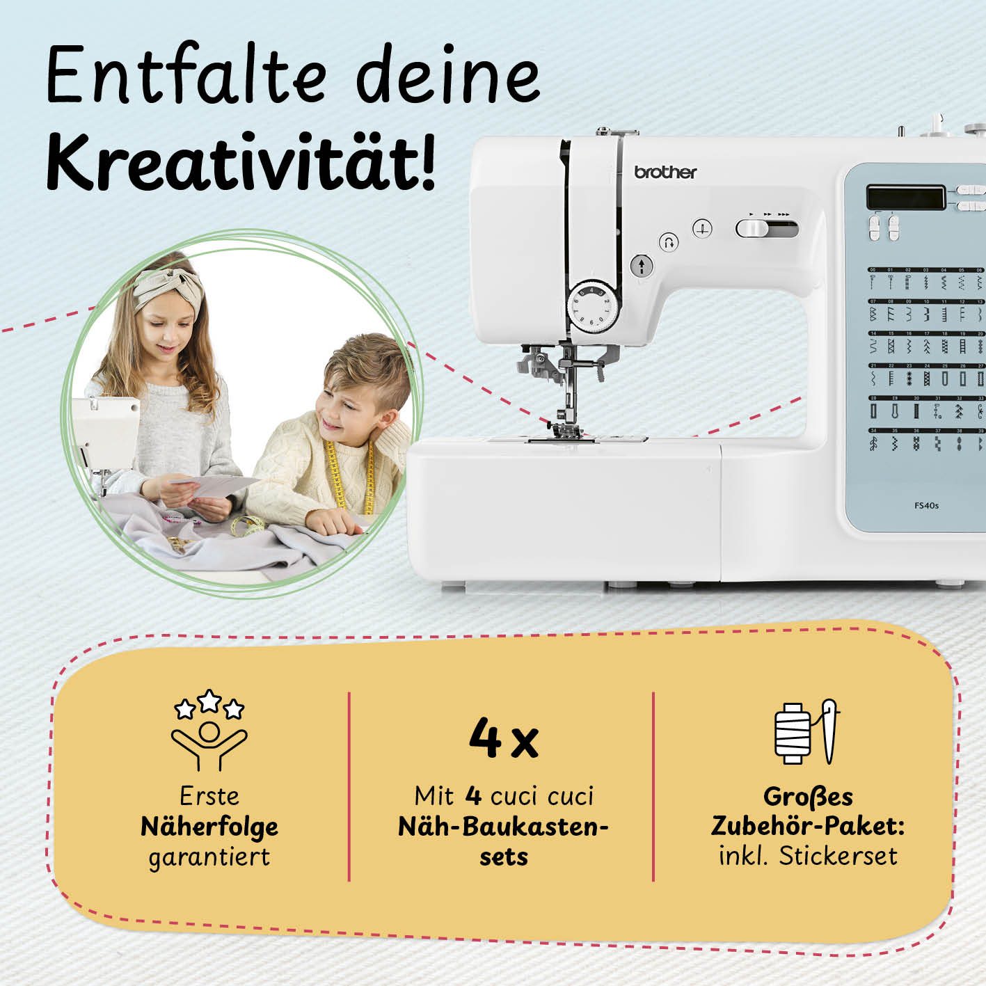 Kinder nähen mit einer Nähmaschine.