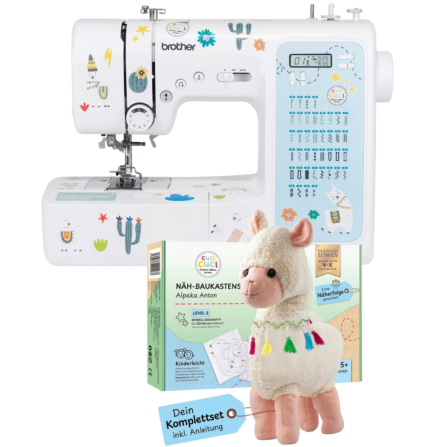 Kindernähmaschine im Kombipaket mit Näh-Baukasten Alpaka Anton
