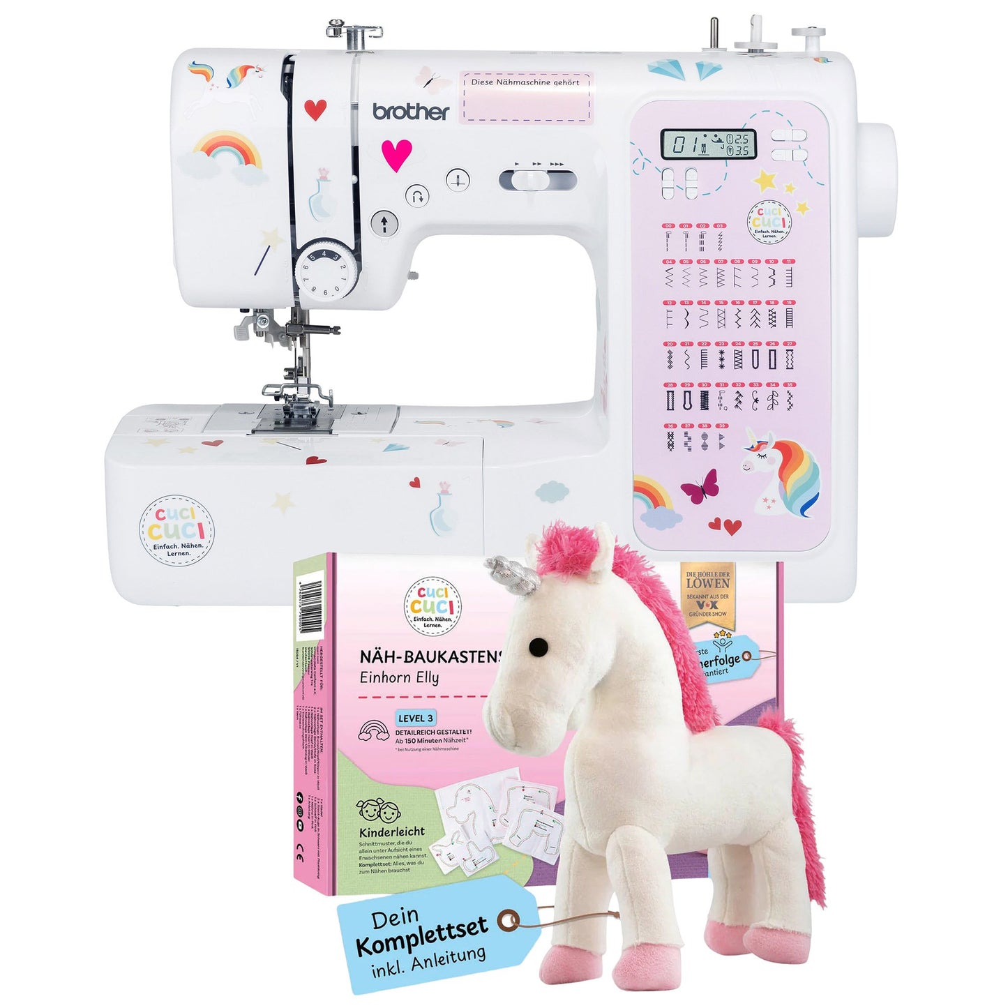 Kindernähmaschine im Kombipaket mit Näh-Baukasten Einhorn Elly